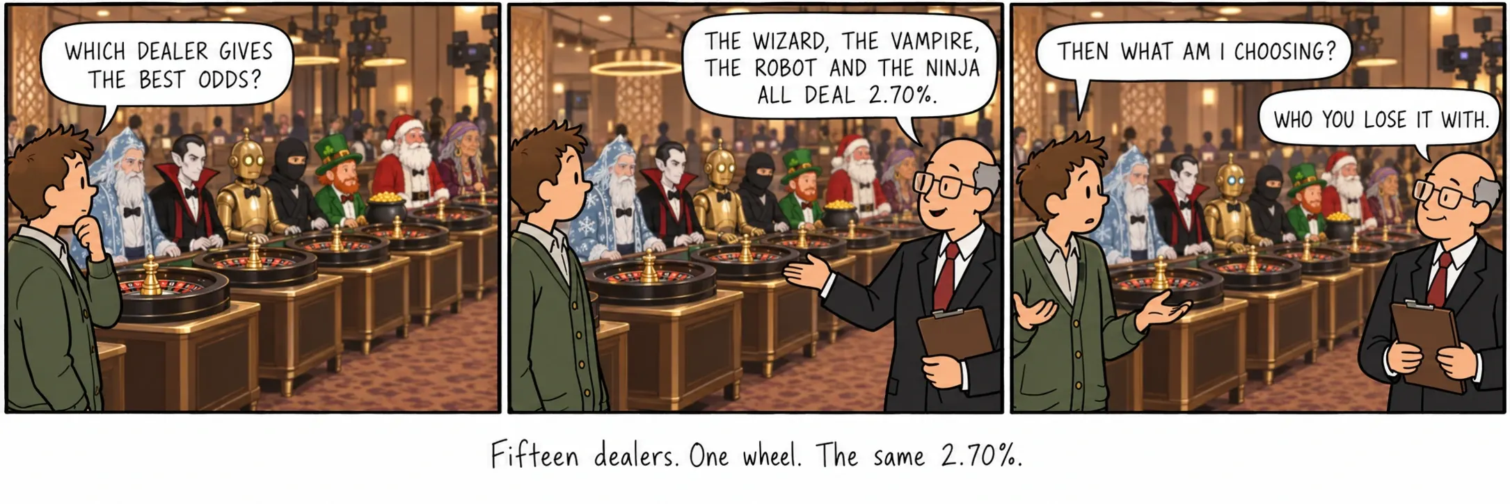 Fünfzehn Croupiers. Ein Kessel. Dieselben 2,70%.